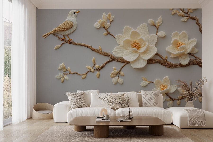 Vogel auf einem Zweig mit Blumen