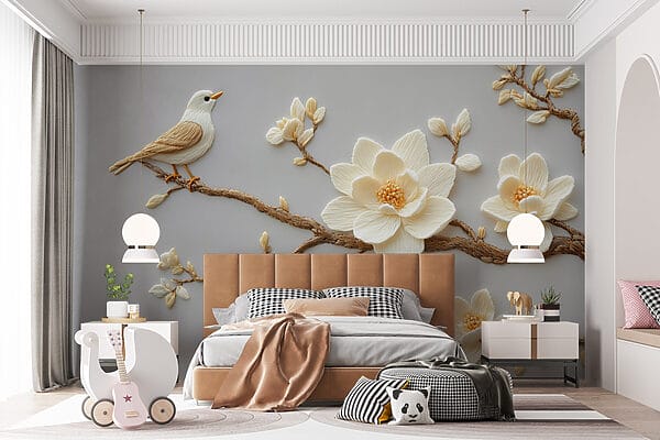 Vogel auf einem Zweig mit Blumen Vogel auf einem Zweig mit Blumen