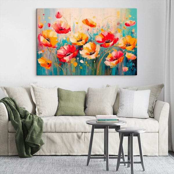 Gemälde mit Blumen auf blauem Hintergrund Gemälde mit Blumen auf blauem Hintergrund
