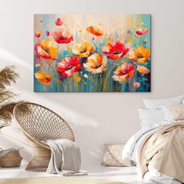 Gemälde mit Blumen auf blauem Hintergrund Gemälde mit Blumen auf blauem Hintergrund