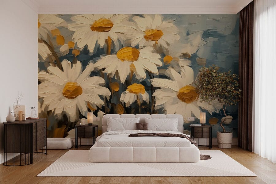 Malerei von weißen und gelben Blumen
