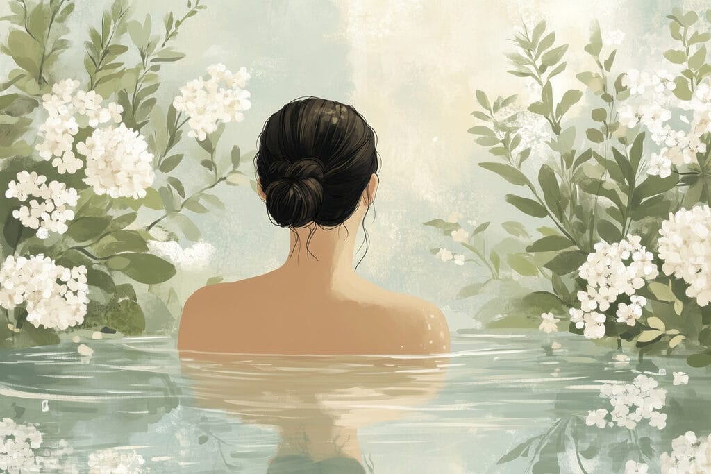 Frau im Wasser mit Blumen Frau im Wasser mit Blumen