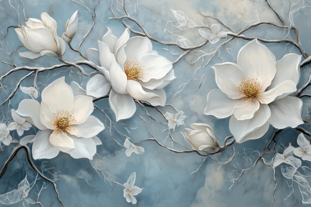 Malerei von weißen Blumen auf blauem Hintergrund Malerei von weißen Blumen auf blauem Hintergrund
