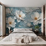 Fototapeten Malerei von weißen Blumen auf blauem Hintergrund