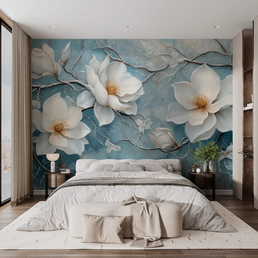Malerei von weißen Blumen auf blauem Hintergrund Malerei von weißen Blumen auf blauem Hintergrund