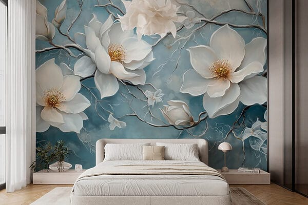 Malerei von weißen Blumen auf blauem Hintergrund Malerei von weißen Blumen auf blauem Hintergrund