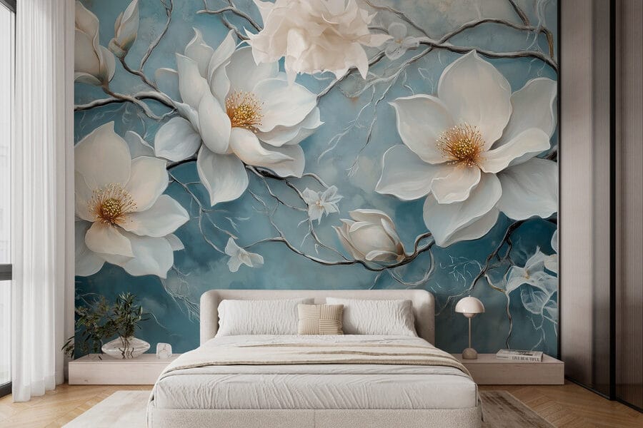 Malerei von weißen Blumen auf blauem Hintergrund Malerei von weißen Blumen auf blauem Hintergrund