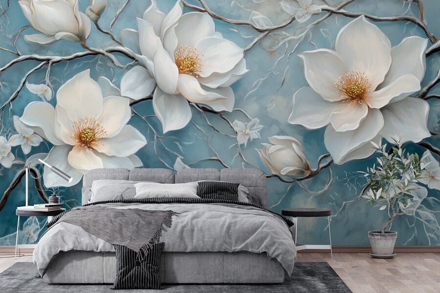 Malerei von weißen Blumen auf blauem Hintergrund Malerei von weißen Blumen auf blauem Hintergrund