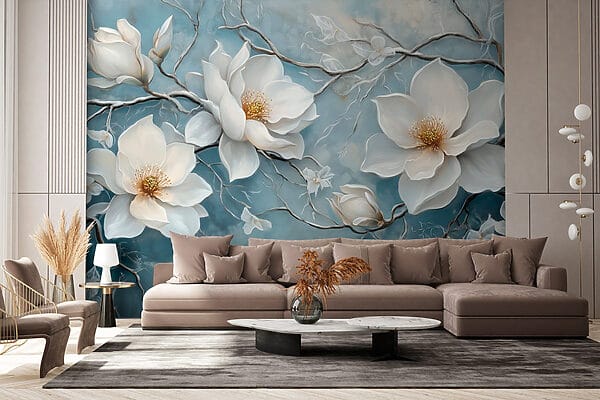 Malerei von weißen Blumen auf blauem Hintergrund Malerei von weißen Blumen auf blauem Hintergrund