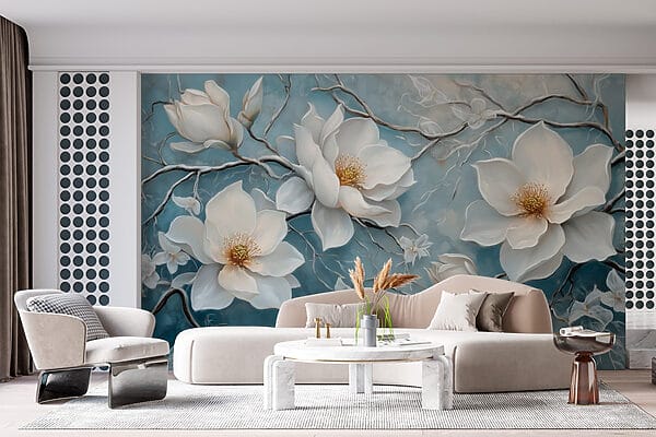 Malerei von weißen Blumen auf blauem Hintergrund Malerei von weißen Blumen auf blauem Hintergrund