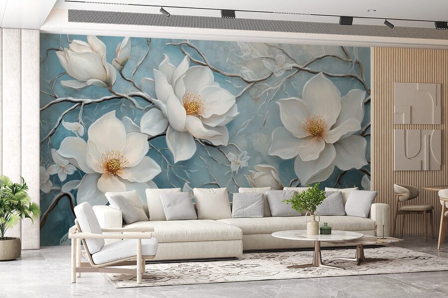 Malerei von weißen Blumen auf blauem Hintergrund Malerei von weißen Blumen auf blauem Hintergrund