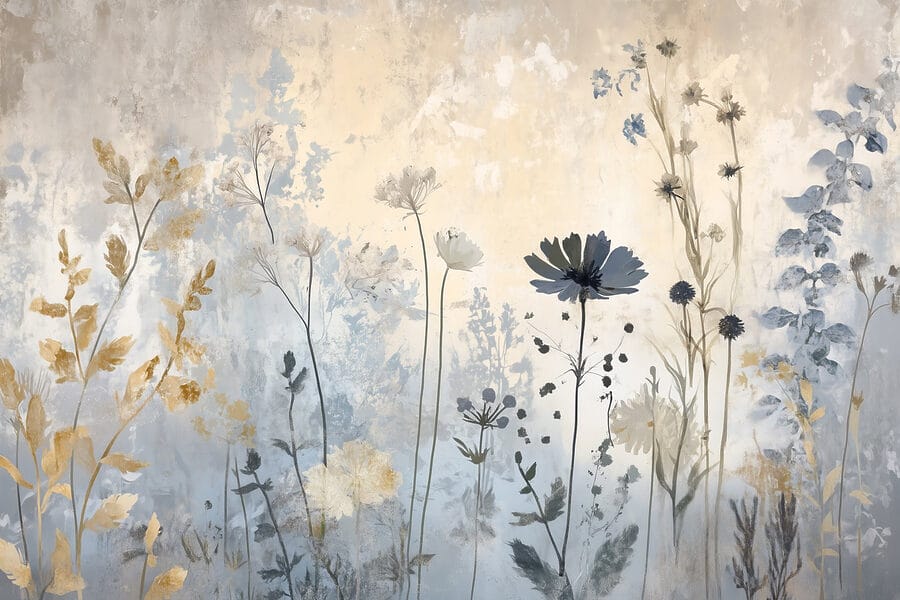 Gemälde mit Blumen an einer Wand