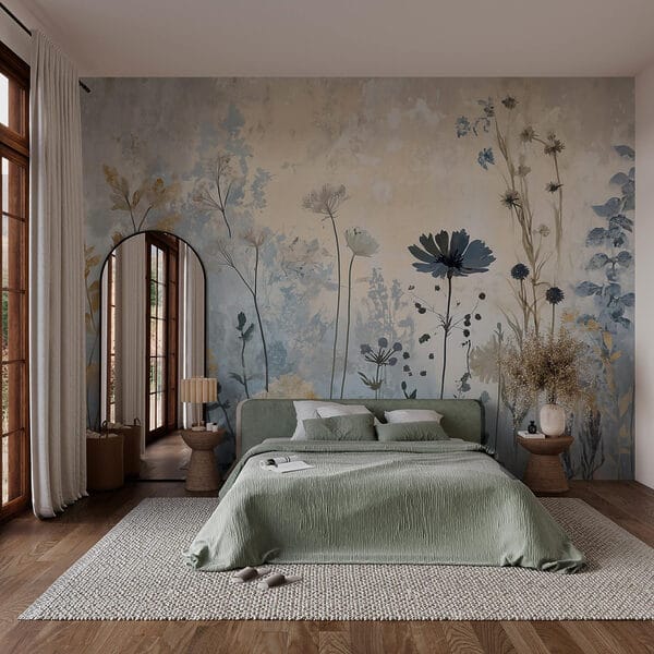 Gemälde mit Blumen an einer Wand Gemälde mit Blumen an einer Wand