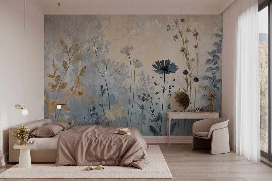 Gemälde mit Blumen an einer Wand