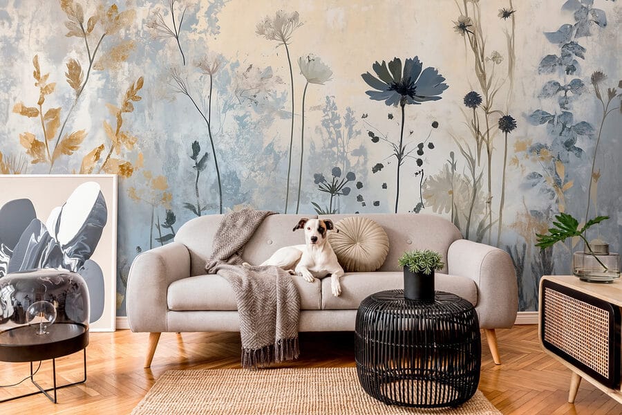Gemälde mit Blumen an einer Wand
