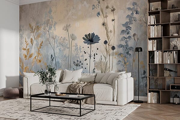 Gemälde mit Blumen an einer Wand Gemälde mit Blumen an einer Wand