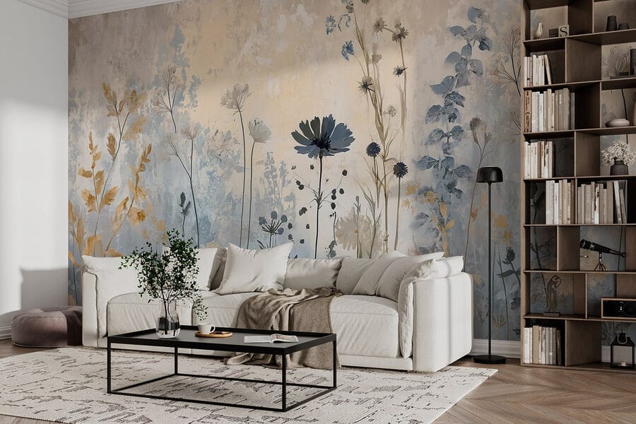 Gemälde mit Blumen an einer Wand