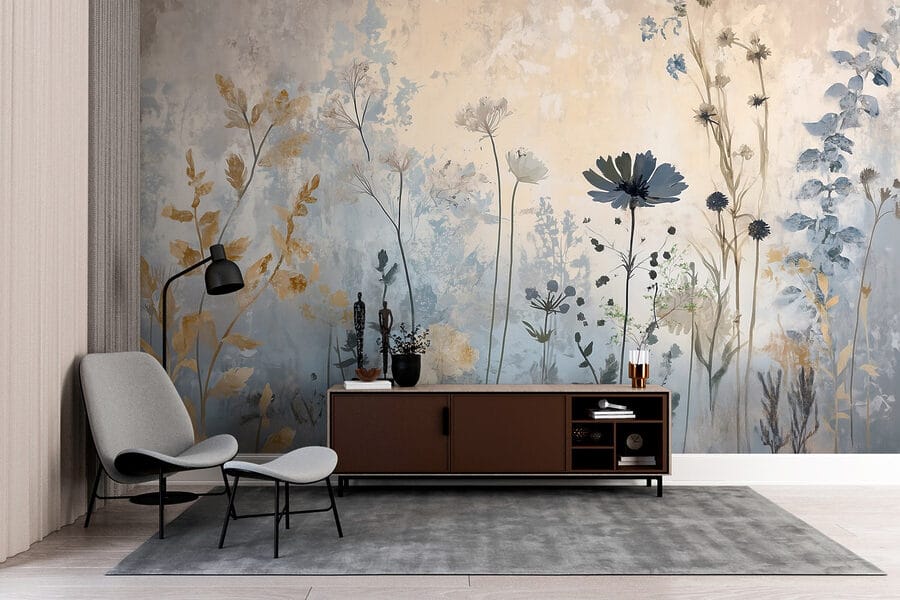 Gemälde mit Blumen an einer Wand