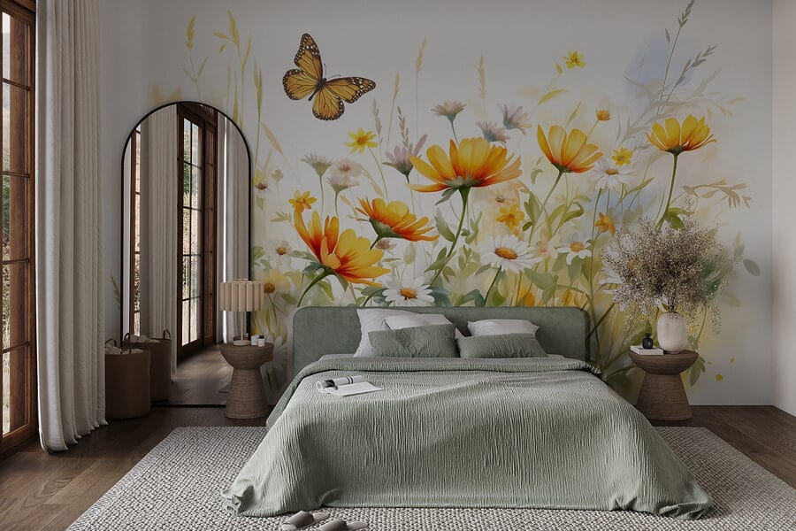 Schmetterling fliegt über Blumen