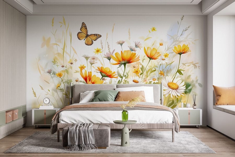 Schmetterling fliegt über Blumen