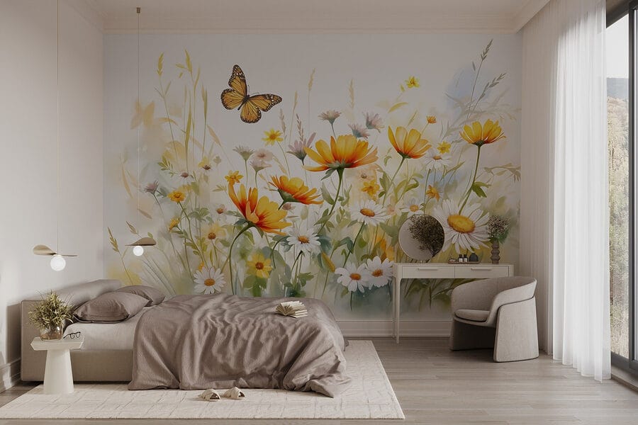Schmetterling fliegt über Blumen