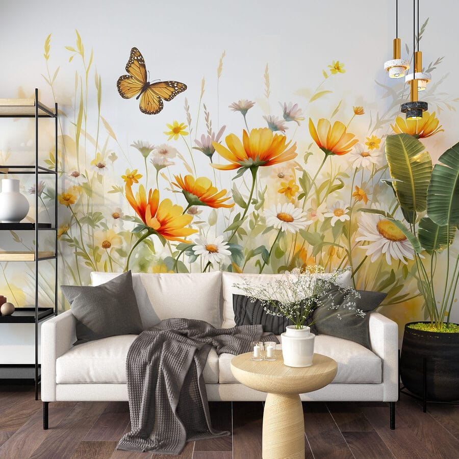Schmetterling fliegt über Blumen