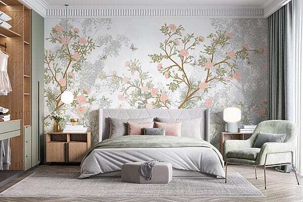 Gemälde eines Baumes mit Blumen und Schmetterlingen Gemälde eines Baumes mit Blumen und Schmetterlingen