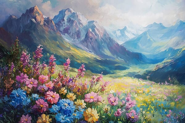 Gemälde von Blumen auf einem Feld mit Bergen im Hintergrund Gemälde von Blumen auf einem Feld mit Bergen im Hintergrund
