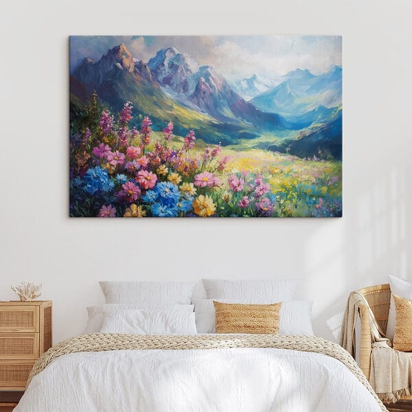 Gemälde von Blumen auf einem Feld mit Bergen im Hintergrund Gemälde von Blumen auf einem Feld mit Bergen im Hintergrund