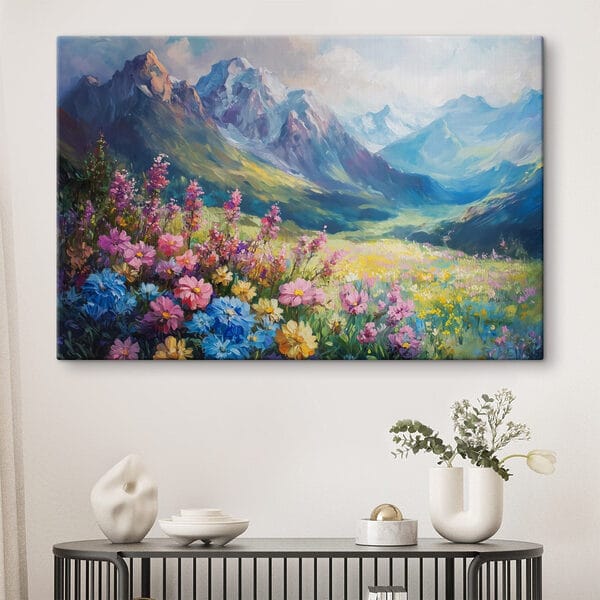 Gemälde von Blumen auf einem Feld mit Bergen im Hintergrund Gemälde von Blumen auf einem Feld mit Bergen im Hintergrund
