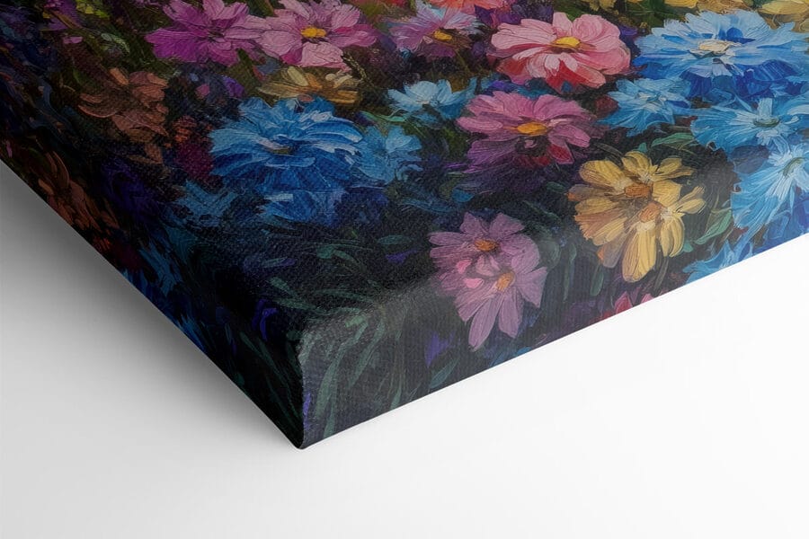 Gemälde von Blumen auf einem Feld mit Bergen im Hintergrund