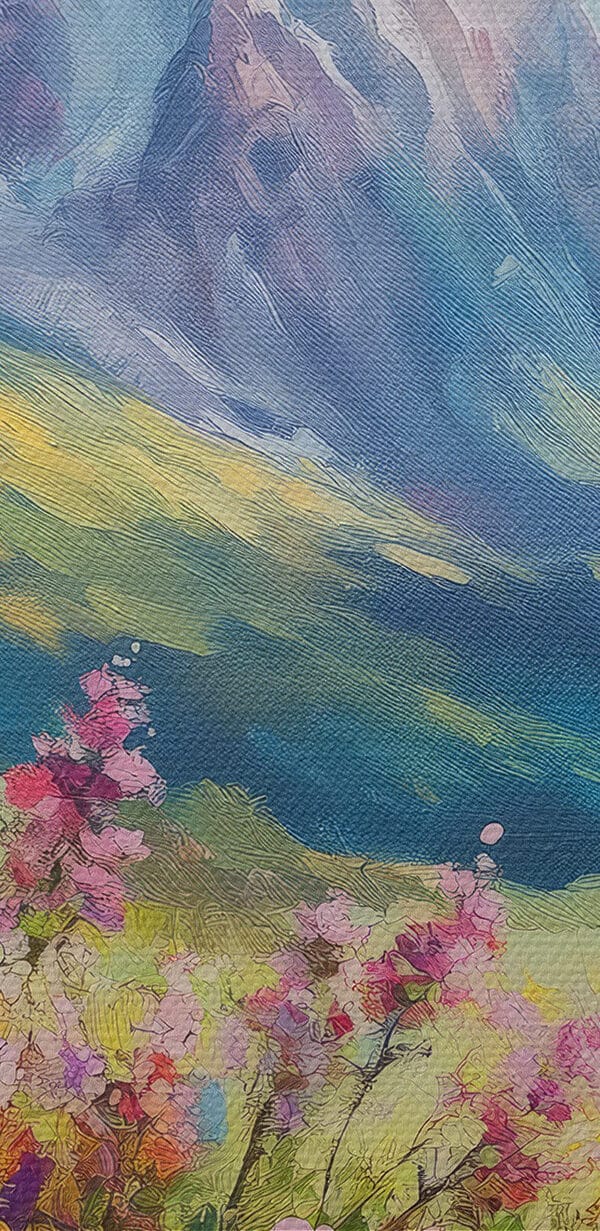 Gemälde von Blumen auf einem Feld mit Bergen im Hintergrund Gemälde von Blumen auf einem Feld mit Bergen im Hintergrund