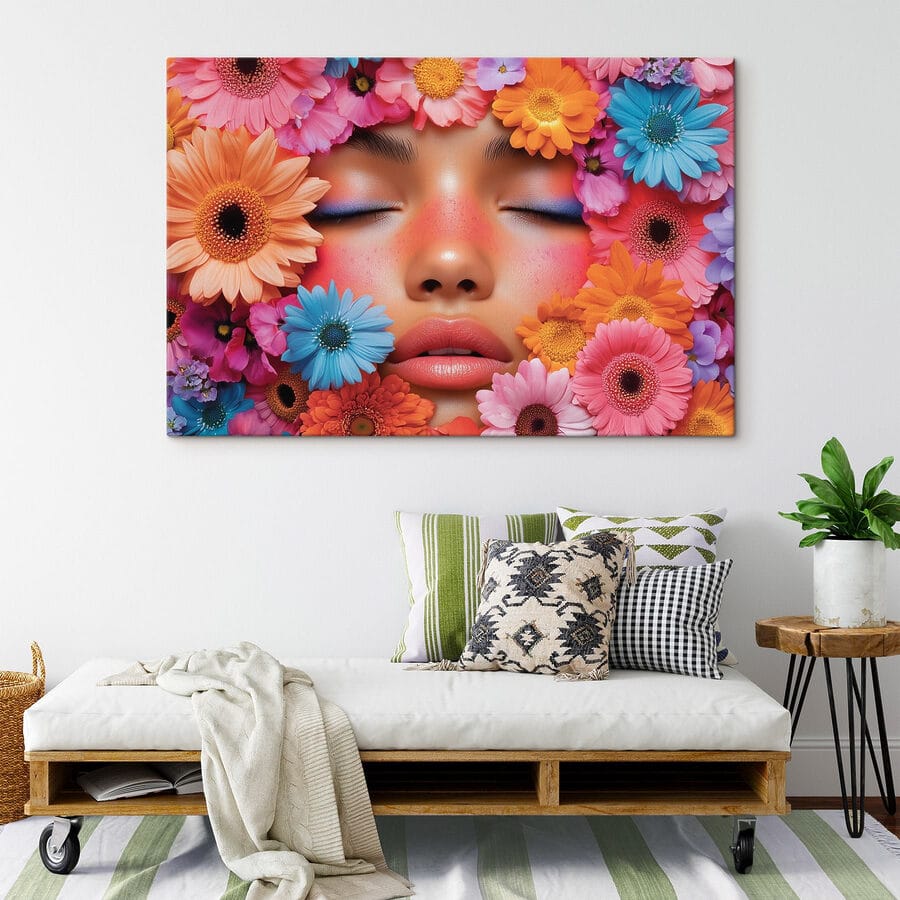 Frau mit Blumen um ihr Gesicht