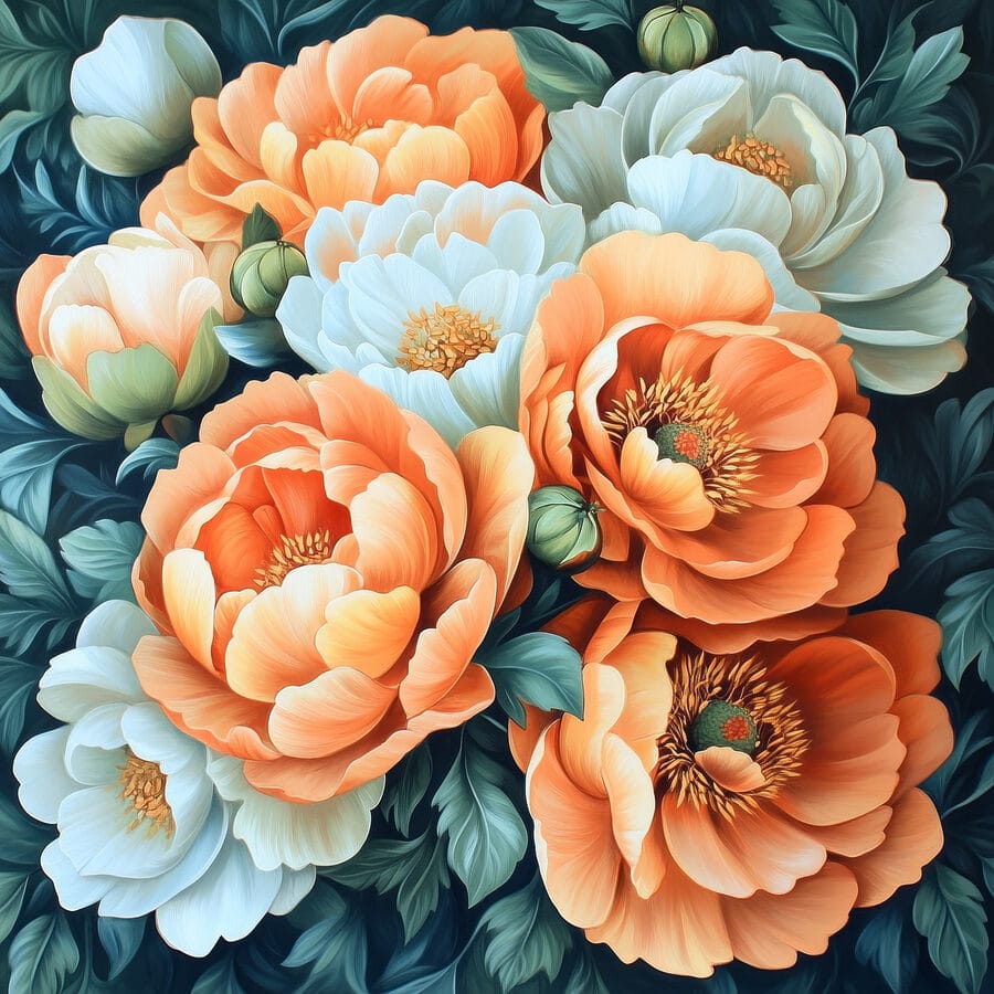 Gemälde mit Blumen auf blauem Hintergrund