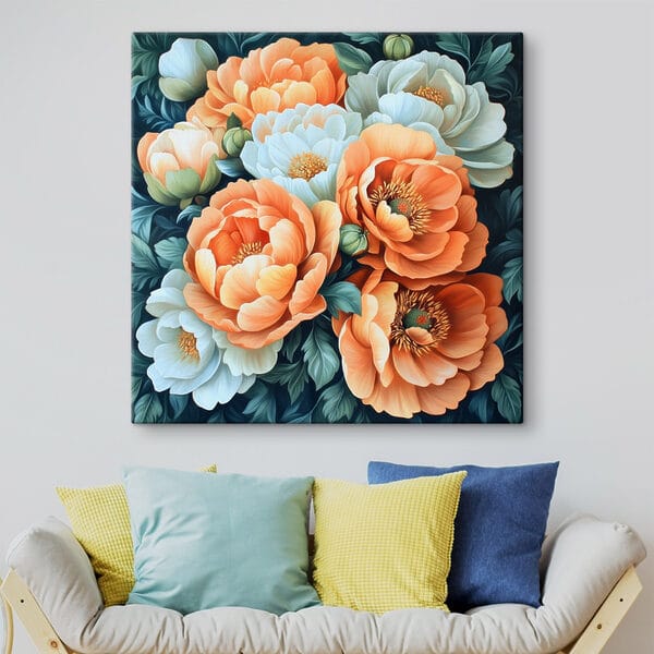 Gemälde mit Blumen auf blauem Hintergrund Gemälde mit Blumen auf blauem Hintergrund