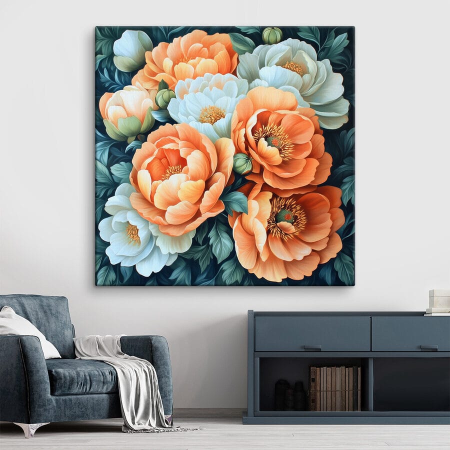 Gemälde mit Blumen auf blauem Hintergrund