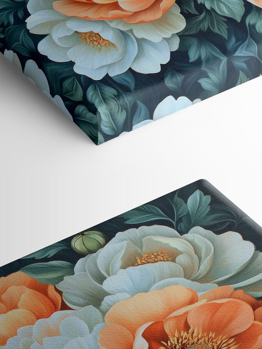 Gemälde mit Blumen auf blauem Hintergrund