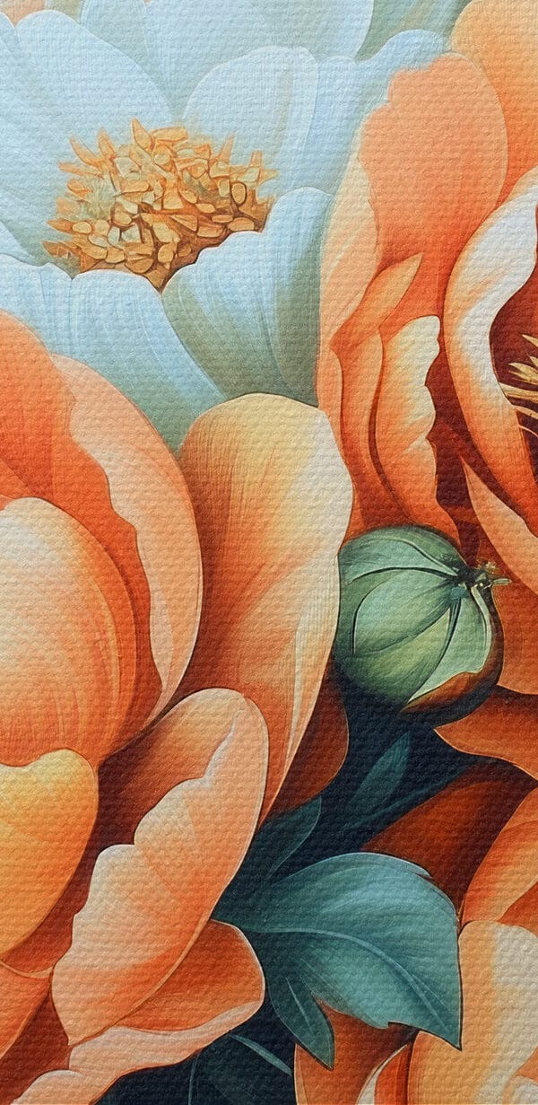 Gemälde mit Blumen auf blauem Hintergrund Gemälde mit Blumen auf blauem Hintergrund