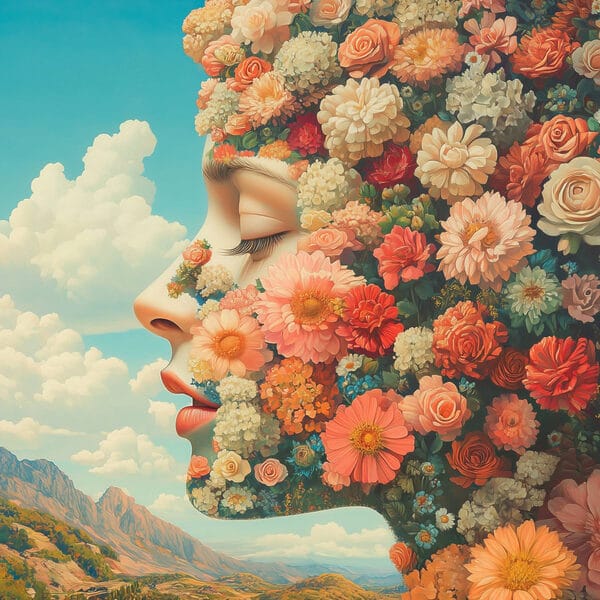 Frau mit Blumen im Haar Frau mit Blumen im Haar