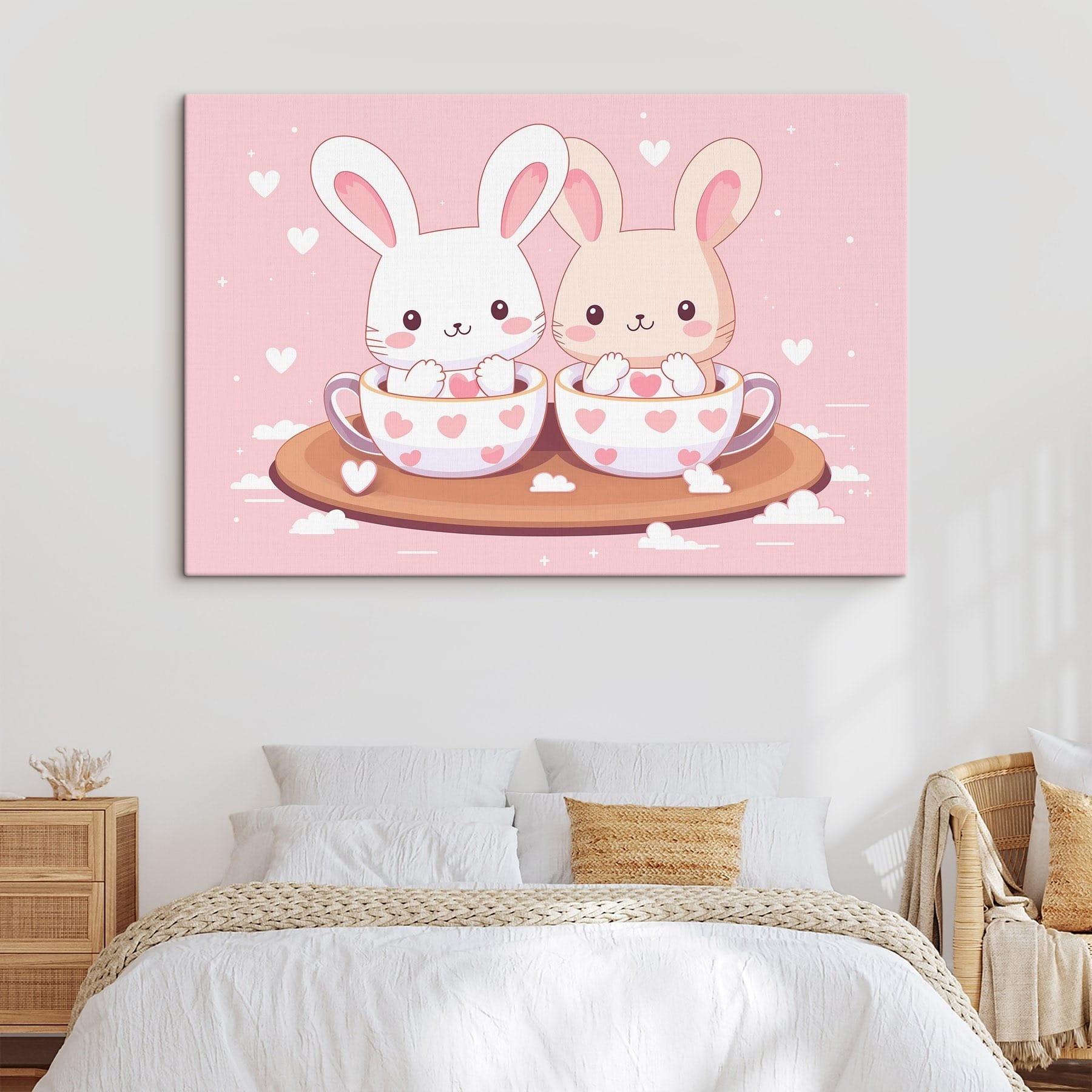 Two cartoon rabbits in tea cups
