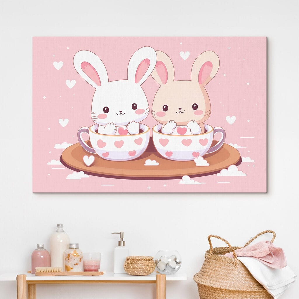 Two cartoon rabbits in tea cups
