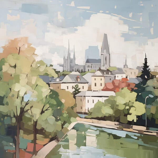 Gemälde einer Stadt mit Bäumen und einem Fluss Gemälde einer Stadt mit Bäumen und einem Fluss