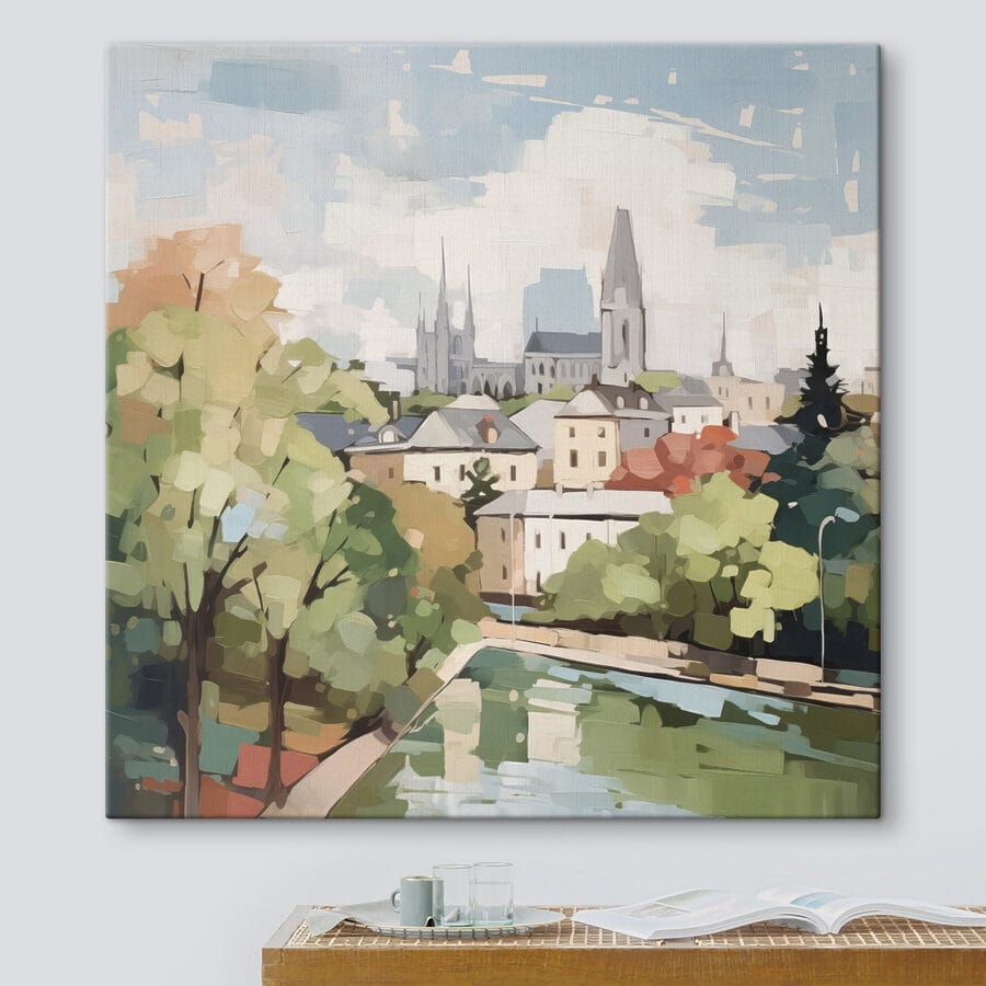 Gemälde einer Stadt mit Bäumen und einem Fluss