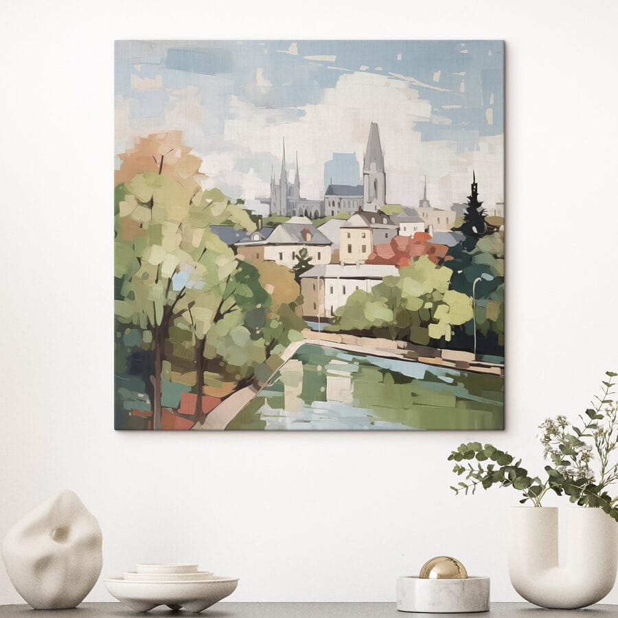 Gemälde einer Stadt mit Bäumen und einem Fluss