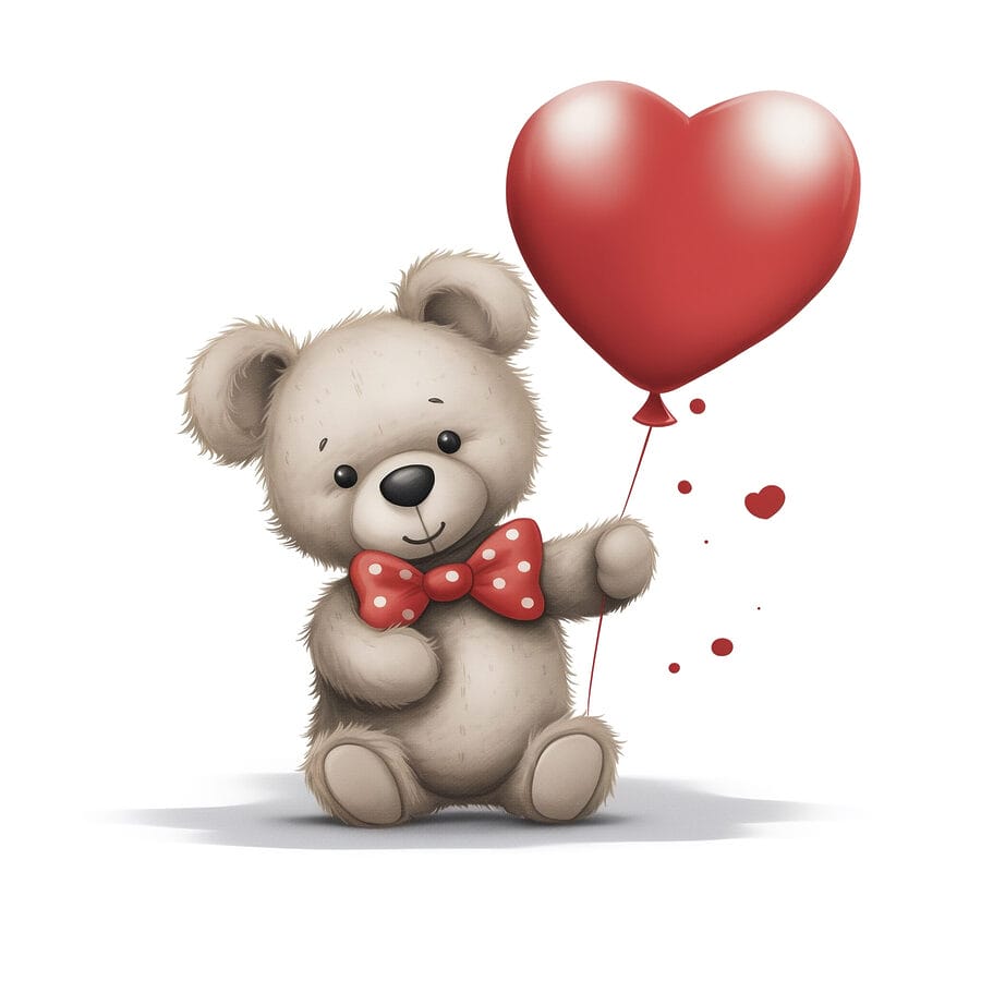 Teddybär hält einen herzförmigen Ballon