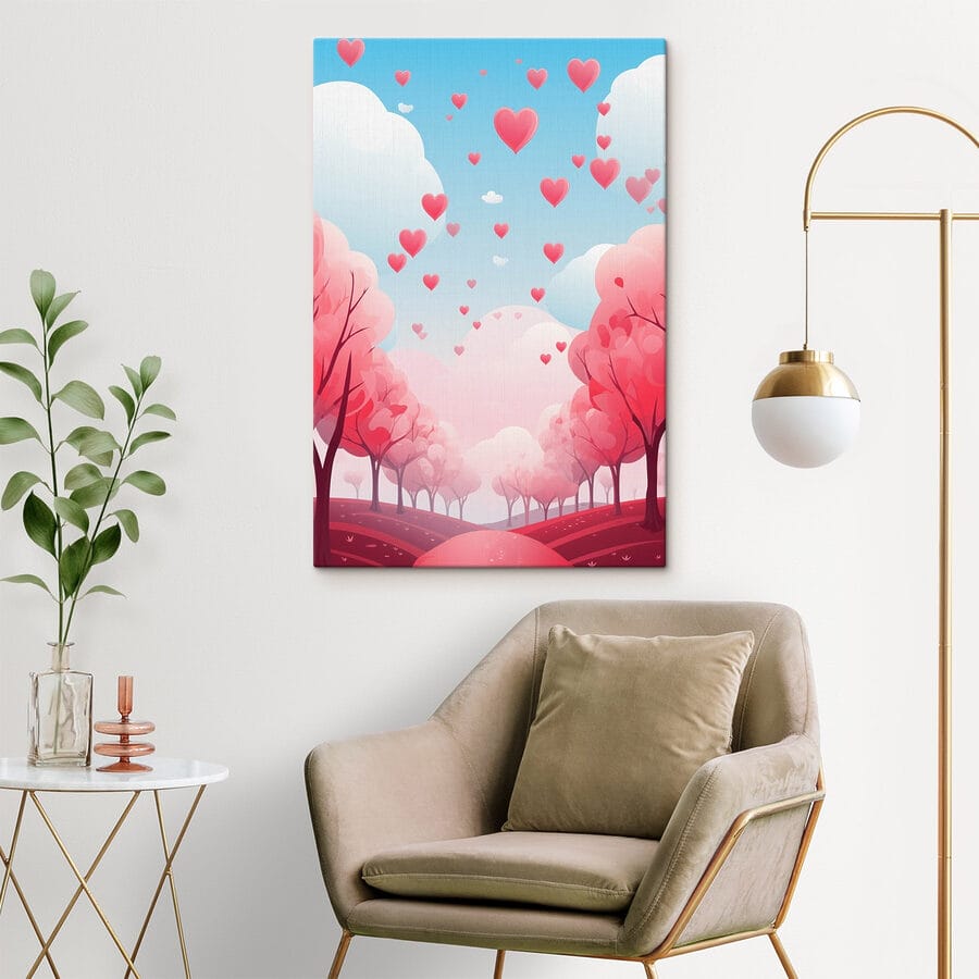 Rosa Bäume mit Herzen, die in den Himmel fliegen