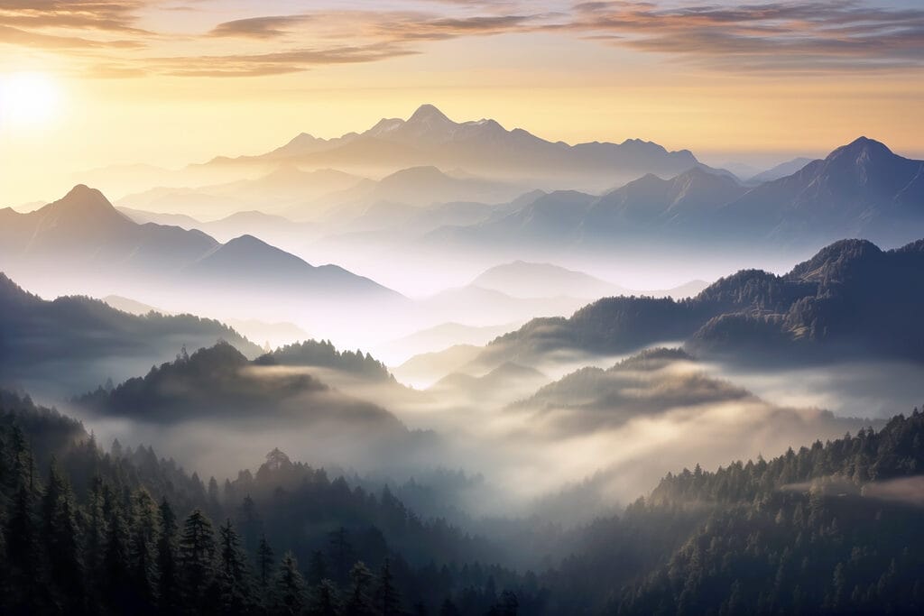Landschaft mit Bergen, Nebel und Bäumen Landschaft mit Bergen, Nebel und Bäumen