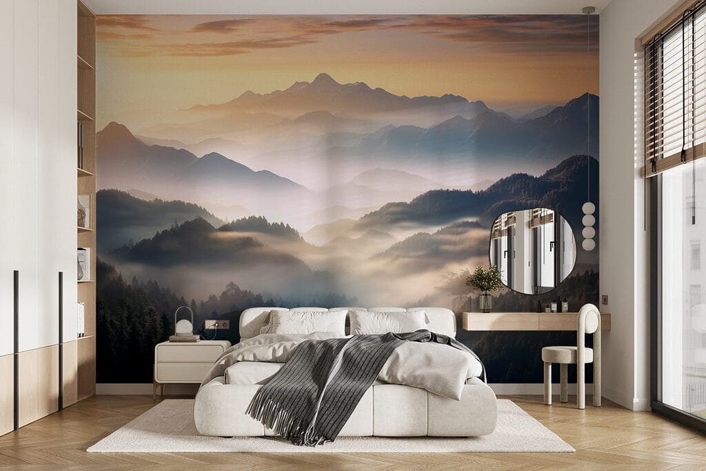 Landscape of mountains with fog and trees