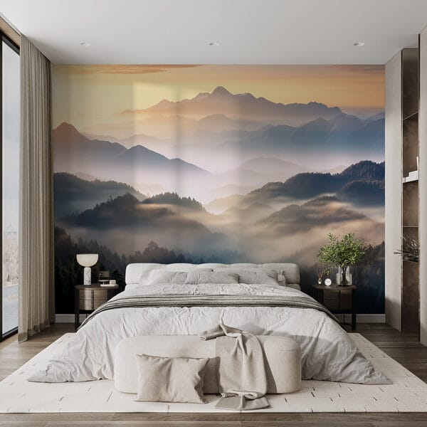 Landschaft mit Bergen, Nebel und Bäumen Landschaft mit Bergen, Nebel und Bäumen