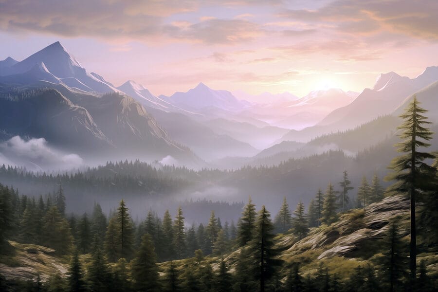 Fototapeten Landschaft mit Bergen und Bäumen – Bild 7